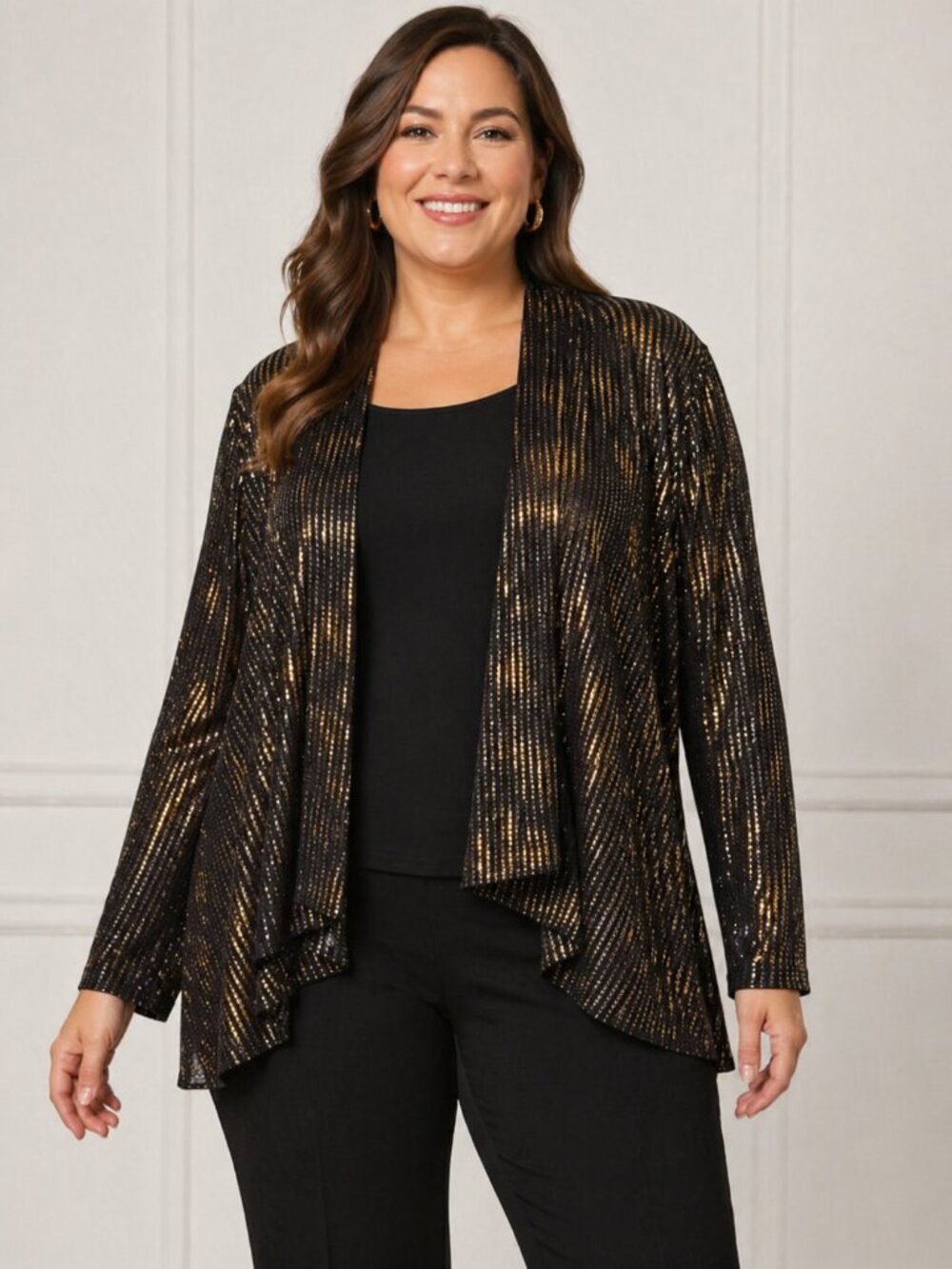 Tahari Open Cardigan Womens, Size 18W, Black Gold Tone Metallic Elegant NEW